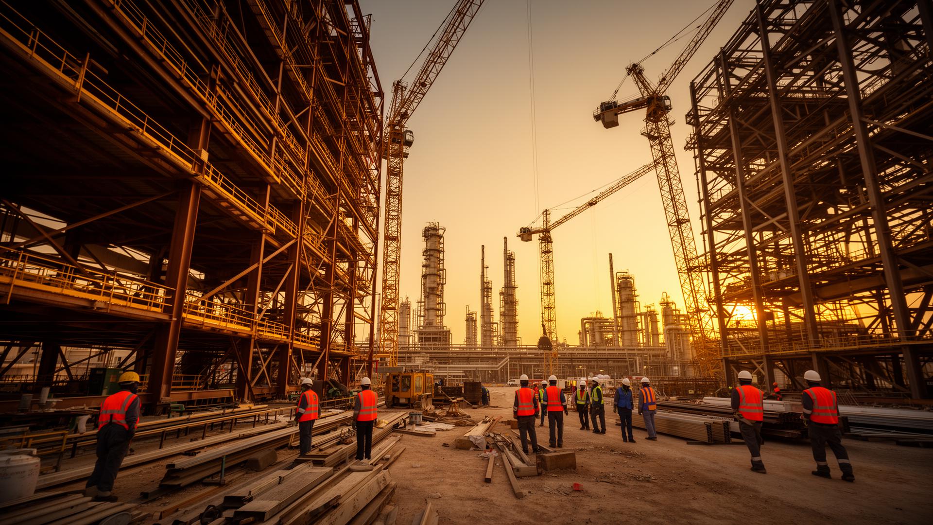 Industrial construction site in Jubail with cranes and workers